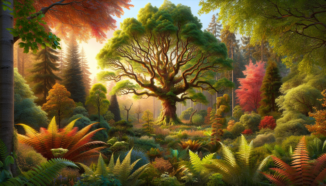 Arbre en A, diverses essences: Acer, Ailanthus, Albizia. Scène forestière éblouissante, ambiance artistique vibrante.