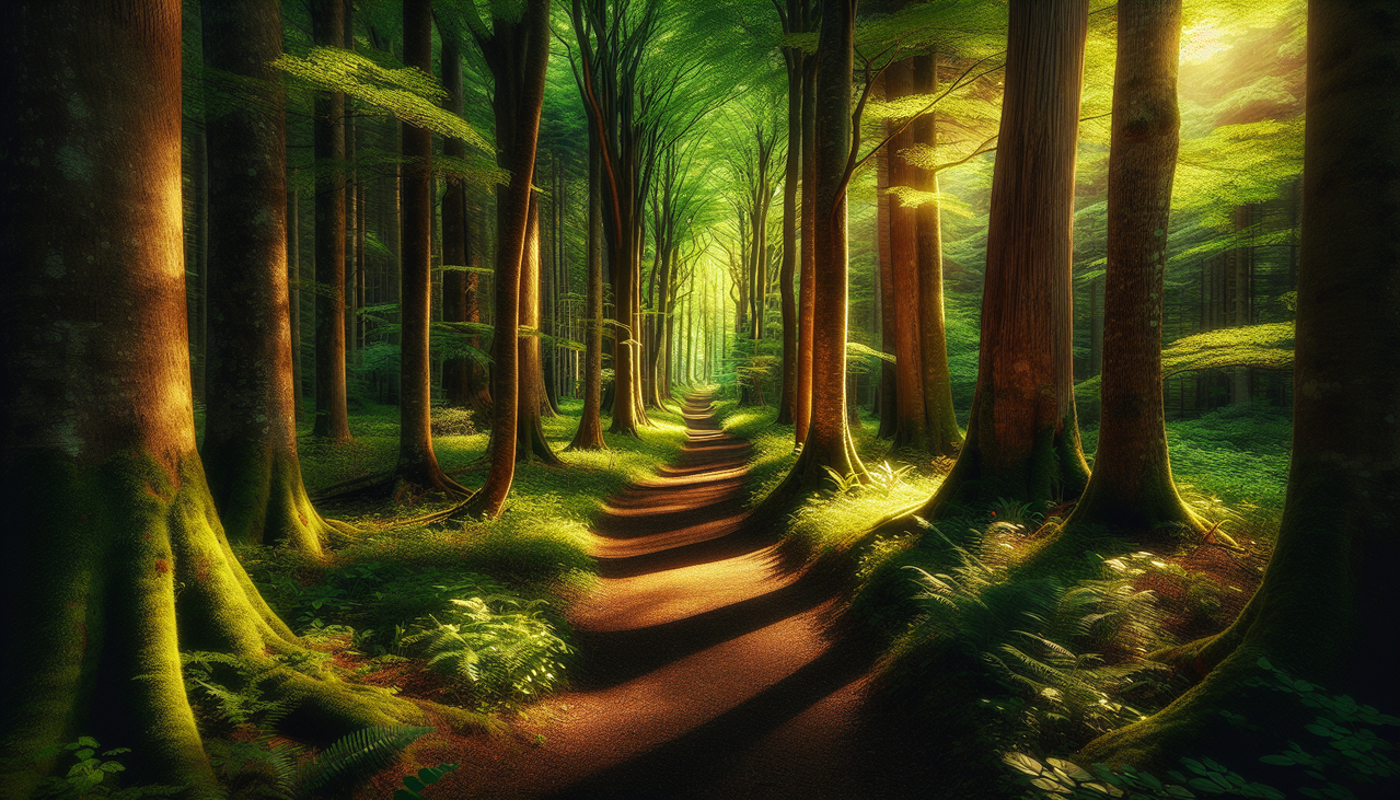Délicat sentier forestier traversant un ensemble d'arbres commençant par la lettre C, évoquant la serénité.