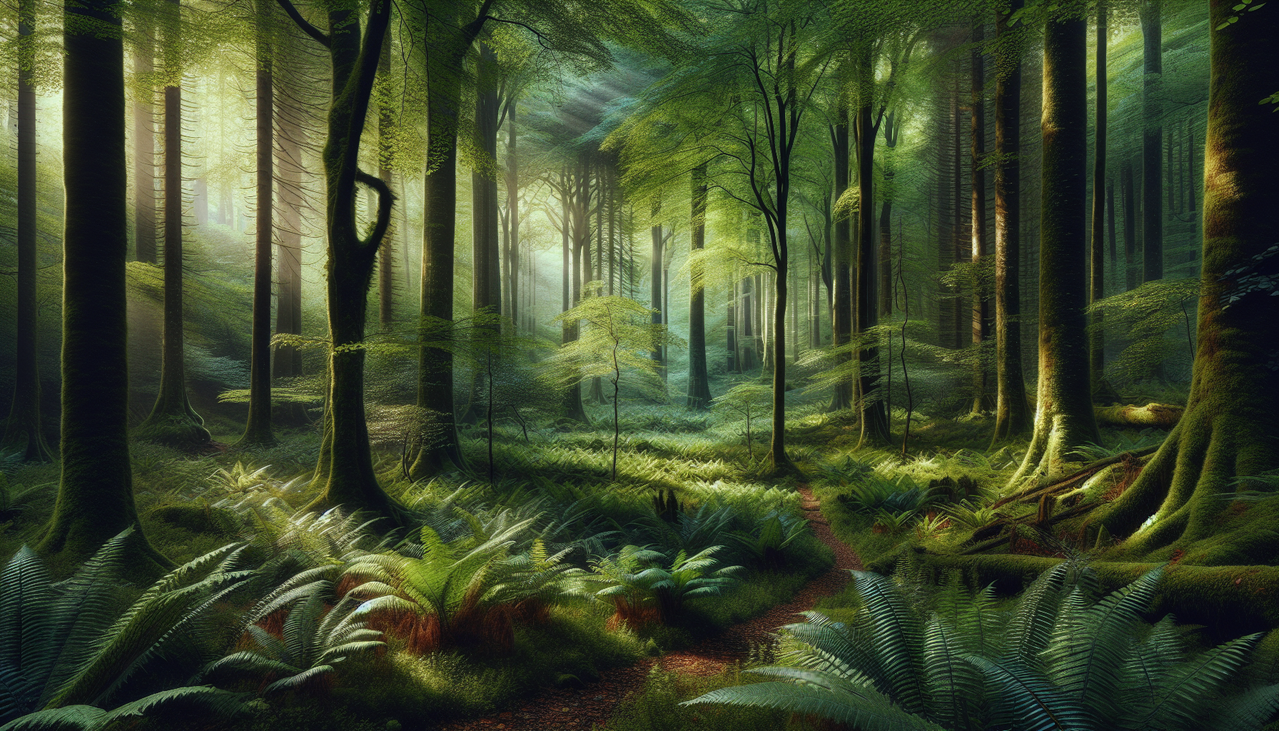 Arbre en D dans une forêt diversifiée à l'aube, avec lumière tamisée et textures réalistes.