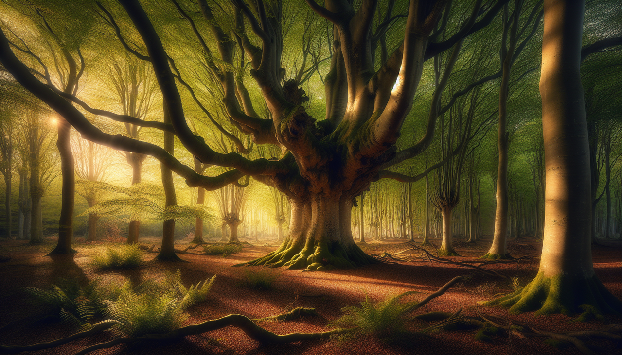 Arbre en E dans une forêt enchantée avec soleil couchant, ombres longues et textures variées.