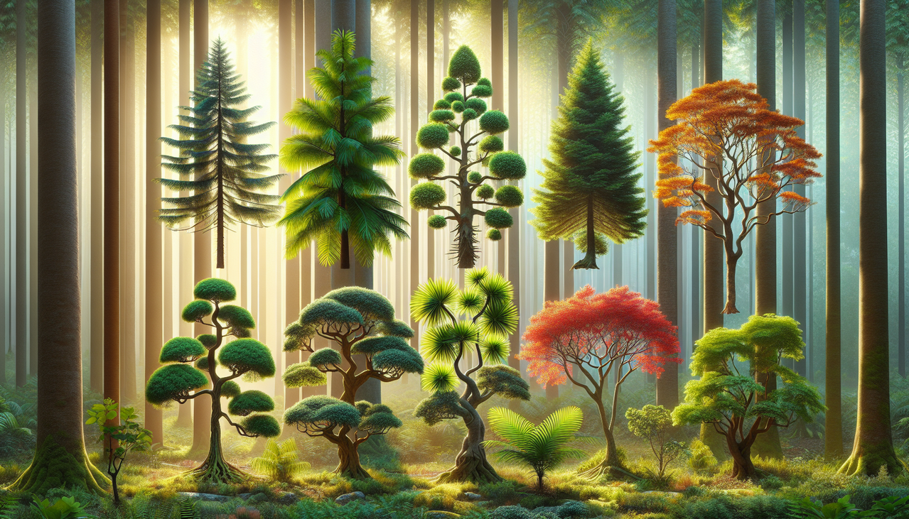 Arbre variés commençant par F: sapin, figuier, flamboyant, dans une forêt verdoyante ensoleillée.