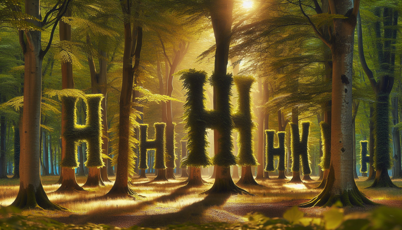 Illustration harmonieuse d'une forêt avec des arbres en H variés : Noisetier, Noyer, Charme.