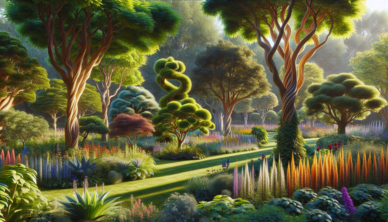 Afficher : "Arbre en I dans un jardin botanique, couleurs vives et détails saisissants"