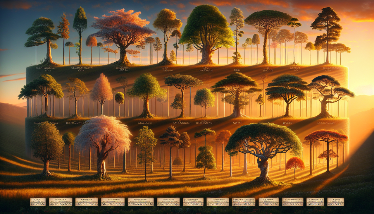 Arbre en J au coucher du soleil, lumière dorée mettant en valeur l'écorce et les feuilles.