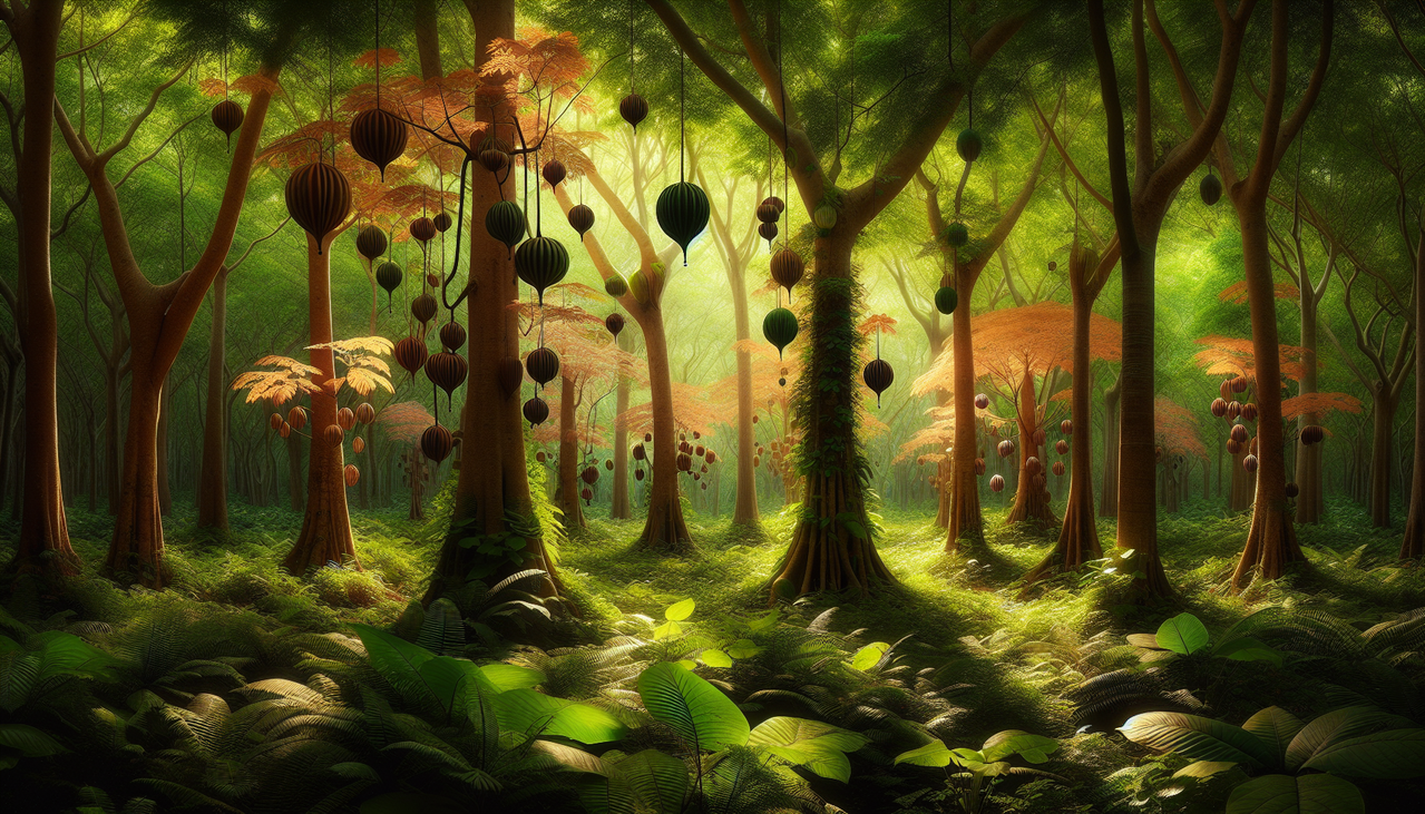 Arbre en K: Koelreuteria, Kigelia, Khaya, forêt équilibrée, lumière filtrant la canopée, textures écorce, couleurs feuillage, profondeur champ.