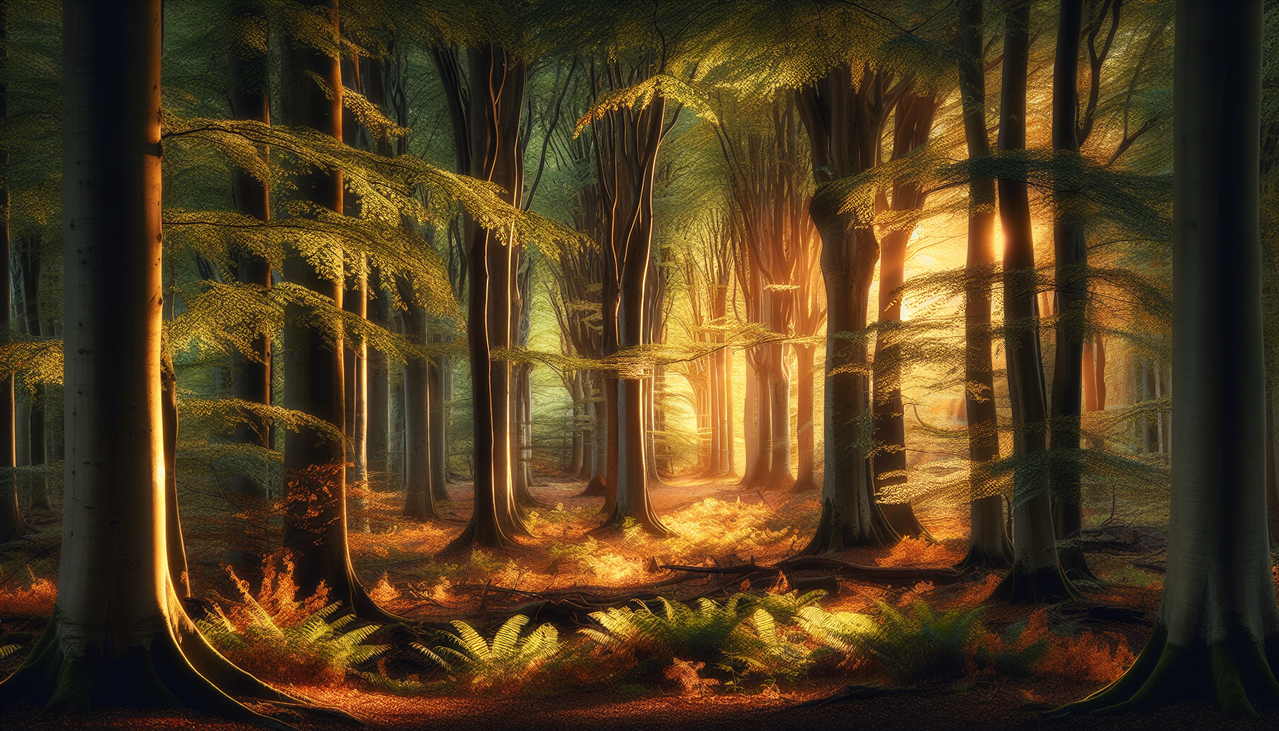 Arbre en L illustre une forêt enchantée avec Linden, Larch, Laburnum sous un coucher de soleil doré.