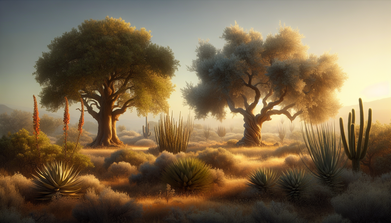 Rendu arboré d'Arbres en O pour Google : Chêne, Olivier, Ocotillo.
