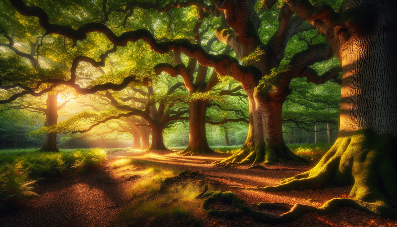 Arbre en Q majestueux en forêt, feuillage d'été vif, écorce profonde, branches tordues.
