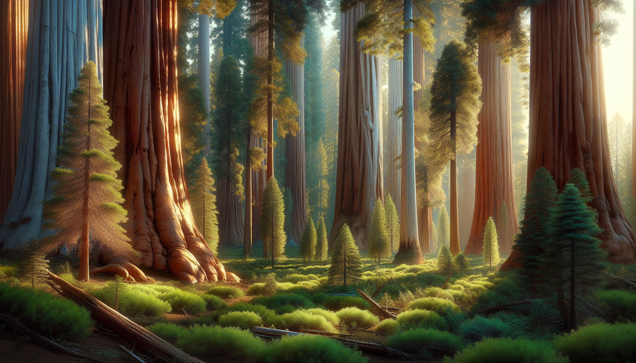 Arbre en S dans une forêt sereine, avec sequoias, bouleaux, et épinettes.