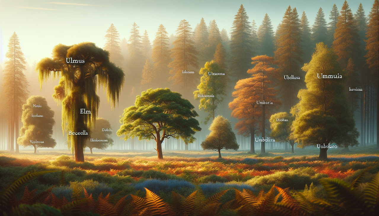 Illustration virtuelle d'une forêt paisible mettant en valeur un arbre en U, avec Ulmus (Orme) et Umbellularia (Laurier de Californie), sous la lumière dorée du soleil couchant.