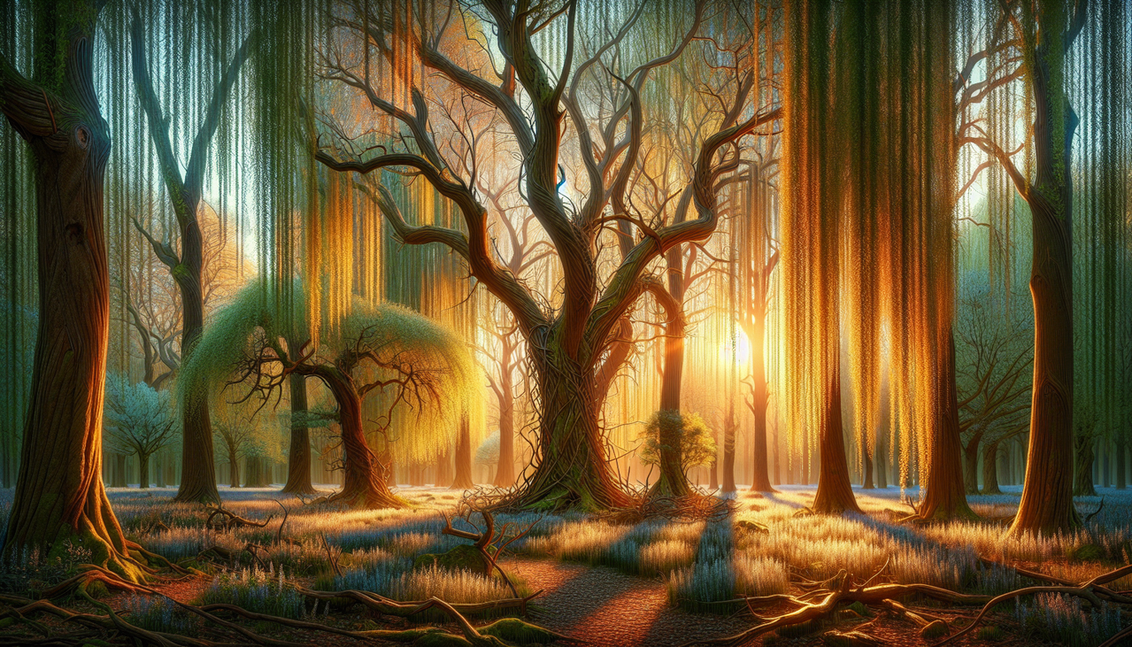 Arbre en W au crépuscule dans une forêt sereine, avec une variété d'espèces en détail.