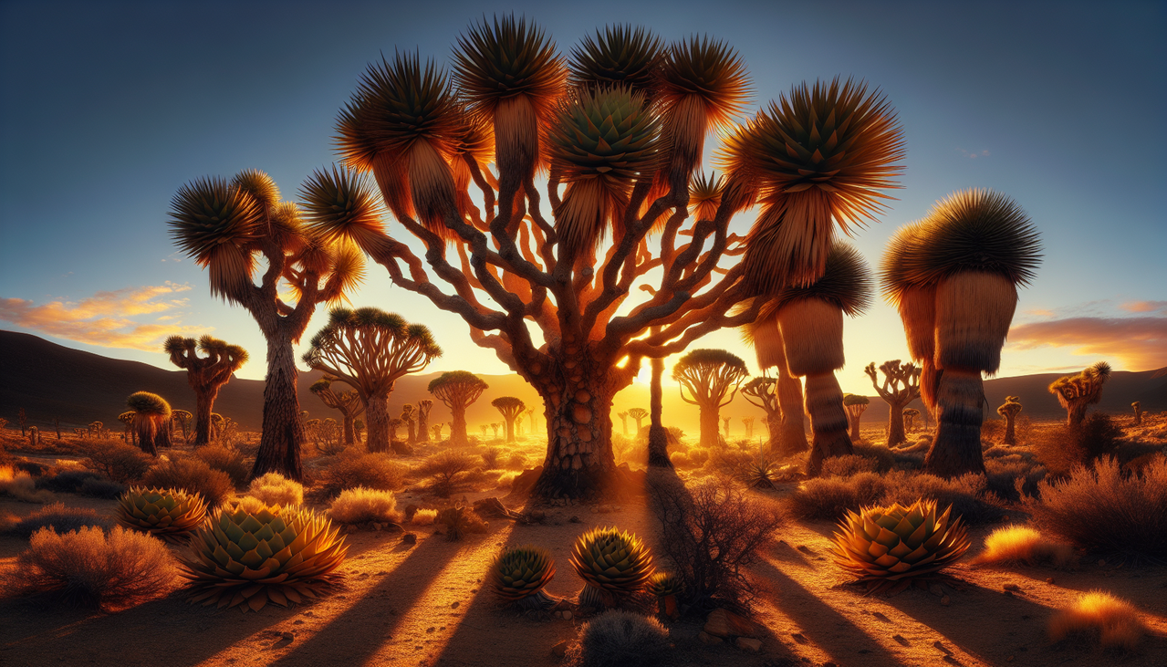 Crée une image réaliste d'un Arbre en X dans un désert aride au coucher du soleil.