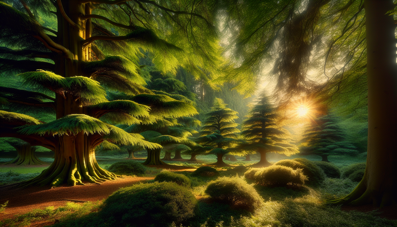 Arbre en Y dans une forêt de yews, éclairée par le soleil couchant.