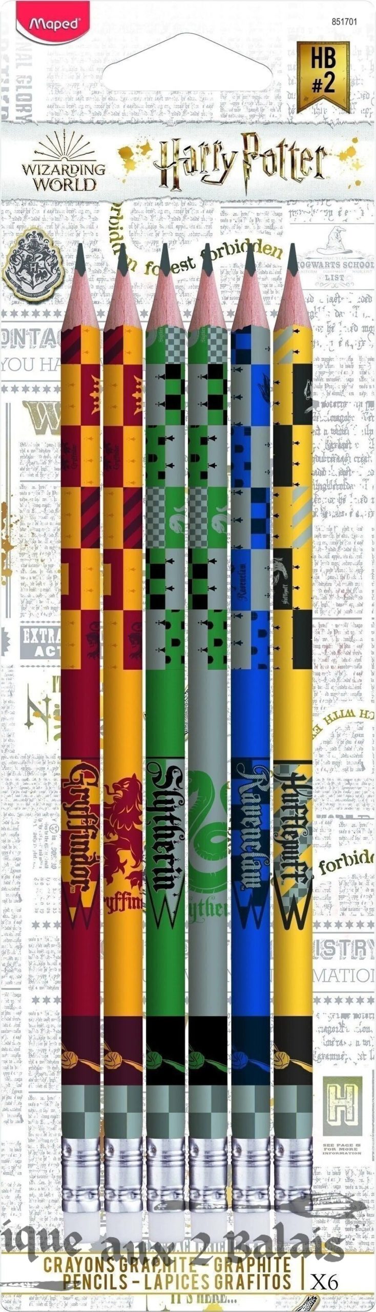 6 crayons graphite HB Harry Potter, gomme intégrée