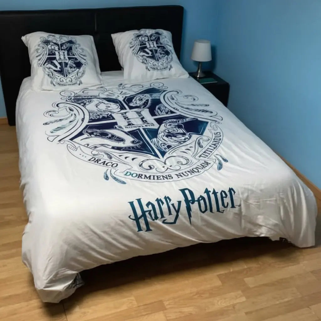 Parure de lit Harry Potter Hogwarts Blanc et Bleu, 200x200 cm + 2 Taies