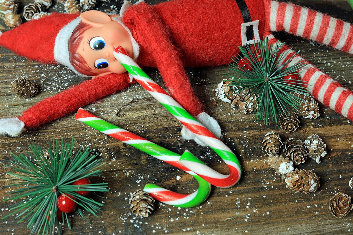Petit lutin farceur de Noël assis près d'un sapin décoré