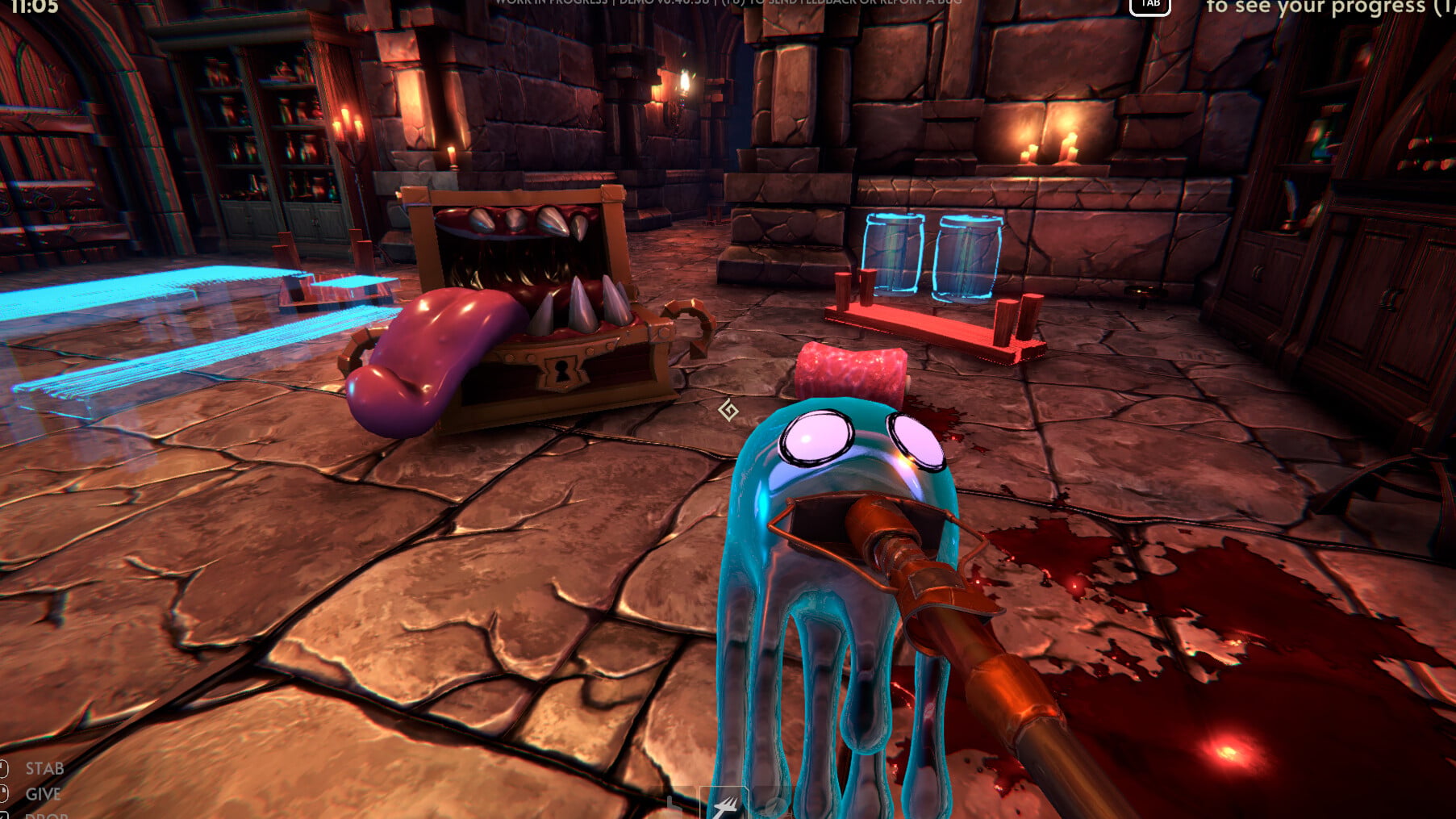 Gobelin de ménage nettoyant le sol d'un donjon dans le jeu coopératif Goblin Cleanup