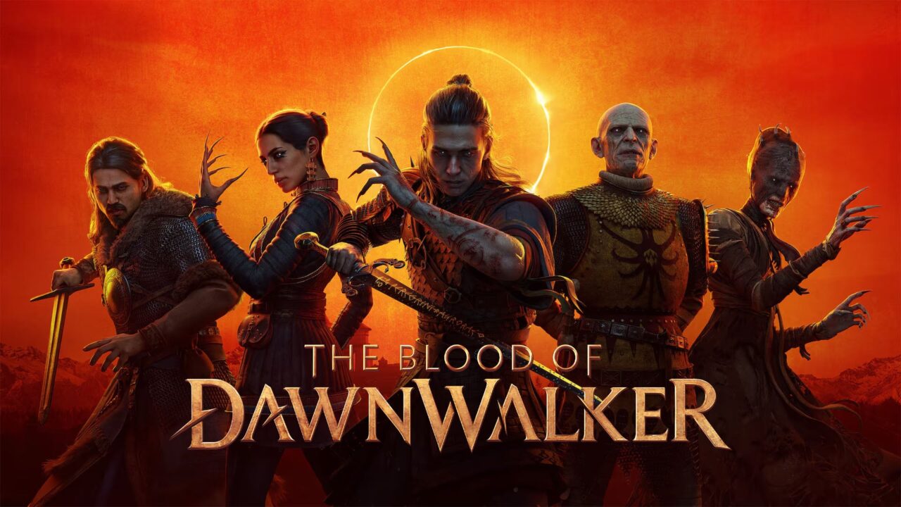Coen, héros de The Blood of Dawnwalker, sous sa forme vampire devant un village médiéval au crépuscule