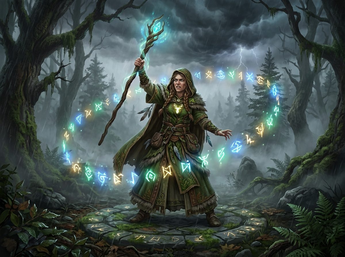 Illustration d'un druide DnD lançant un sort de nature dans une forêt fantastique