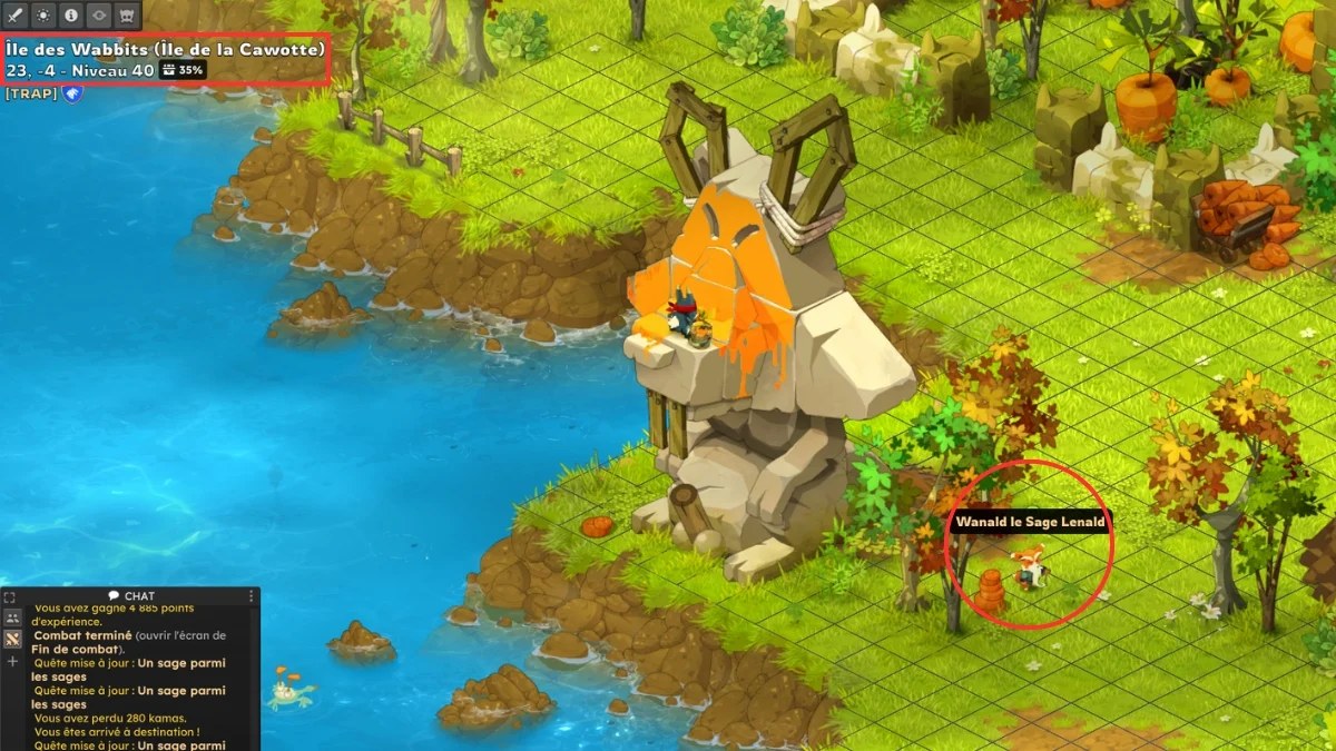 Personnage Dofus sur l'Île des Wabbits près d'un Sage Lenald